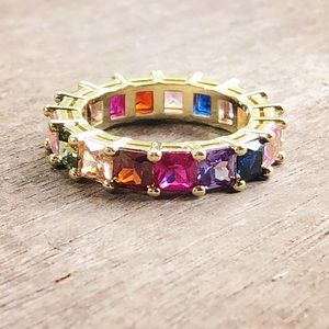 18k YG/S925 Sterling Silver Rainbow Asscher Eternity Band